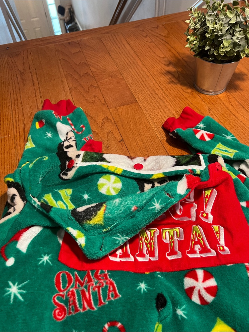 ELF Green Holiday Fleece Onesie Pajama with Red Trim - Picture 5 of 5